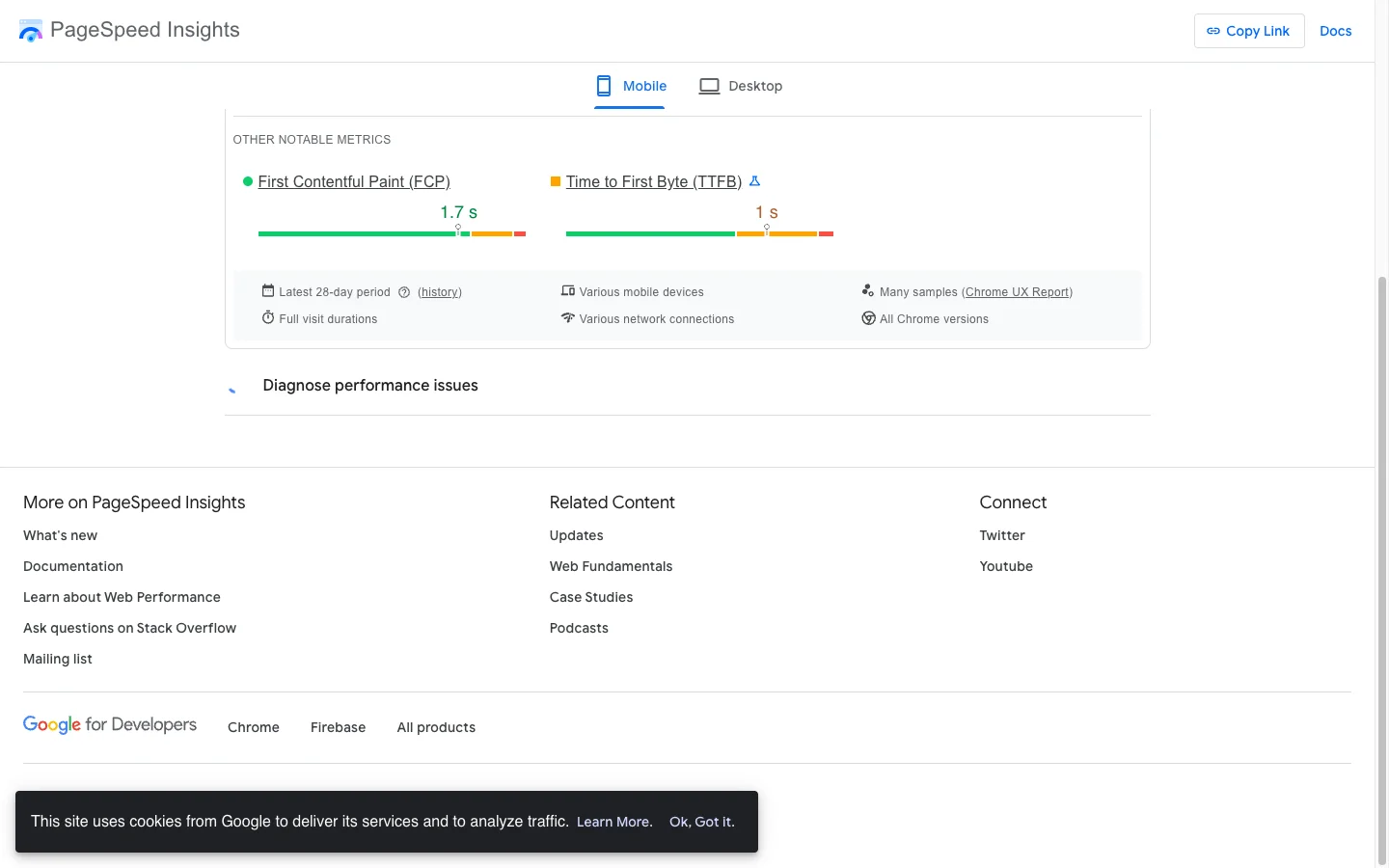 PageSpeed Insights showing a Shopify store passing Core Web Vitals on mobile CrUX