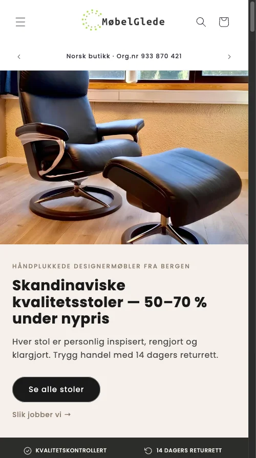 Mobelglede Norwegian Scandinavian used furniture Shopify mobile homepage, the marketplace whose cart drawer had zero trust signals and hidden 990 NOK shipping costs