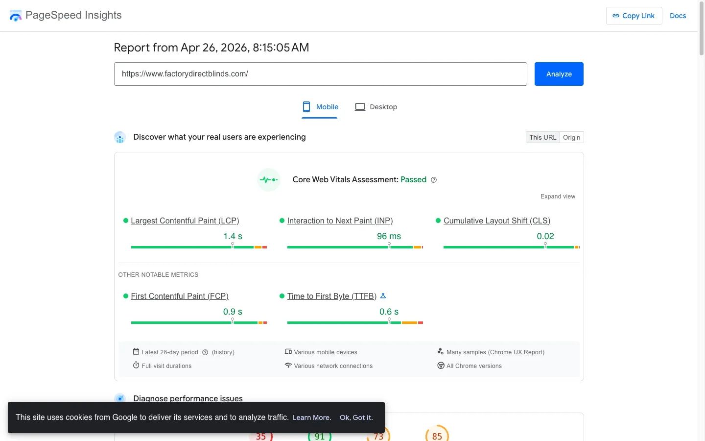 PageSpeed Insights showing a client Shopify store passing all Core Web Vitals on mobile CrUX after performance optimization