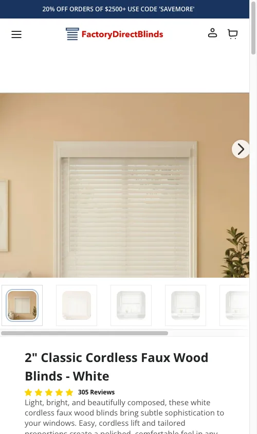 Factory Direct Blinds mobile PDP after CRO optimization, showing the redesigned above-fold area with primary CTA visible without scrolling