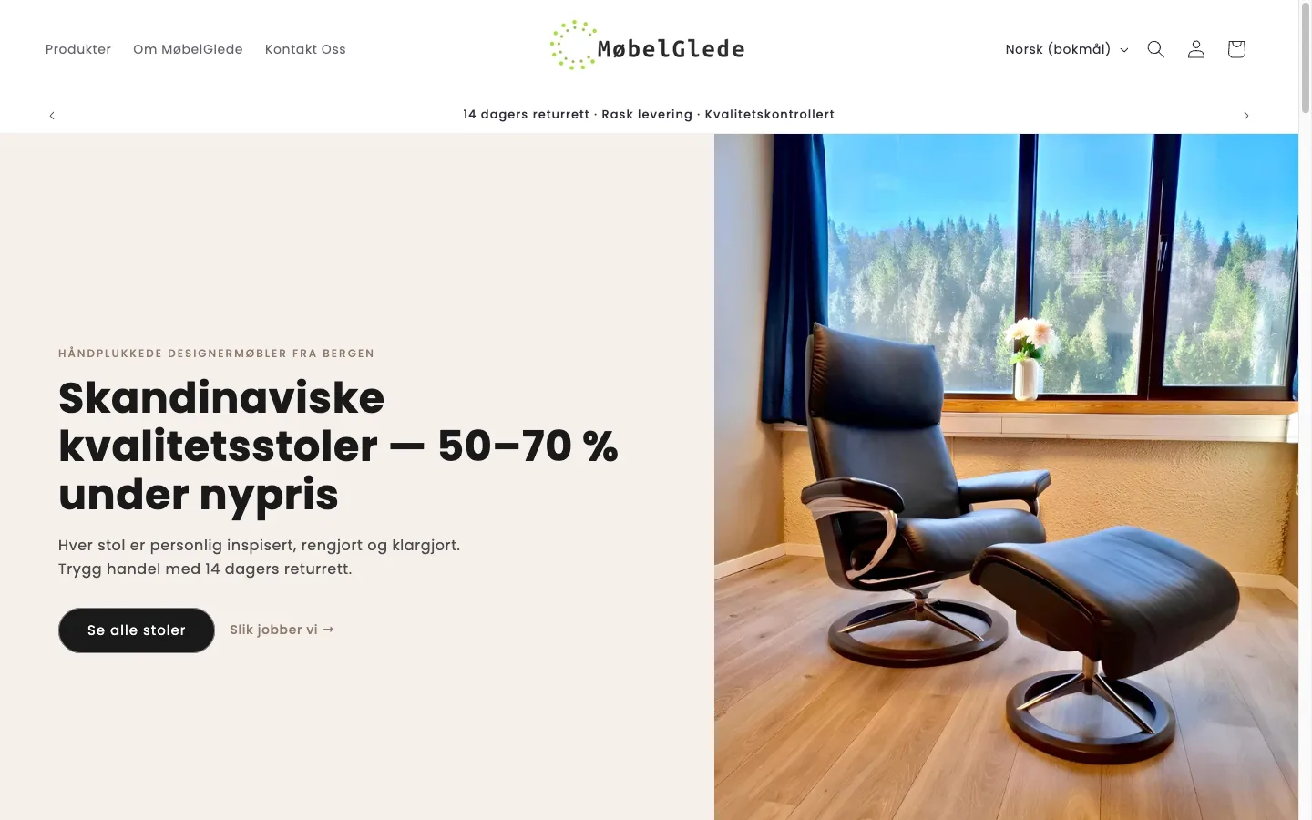 Mobelglede Scandinavian furniture marketplace Shopify homepage where mobile add-to-cart rate of 1.6% revealed an above the fold CRO problem